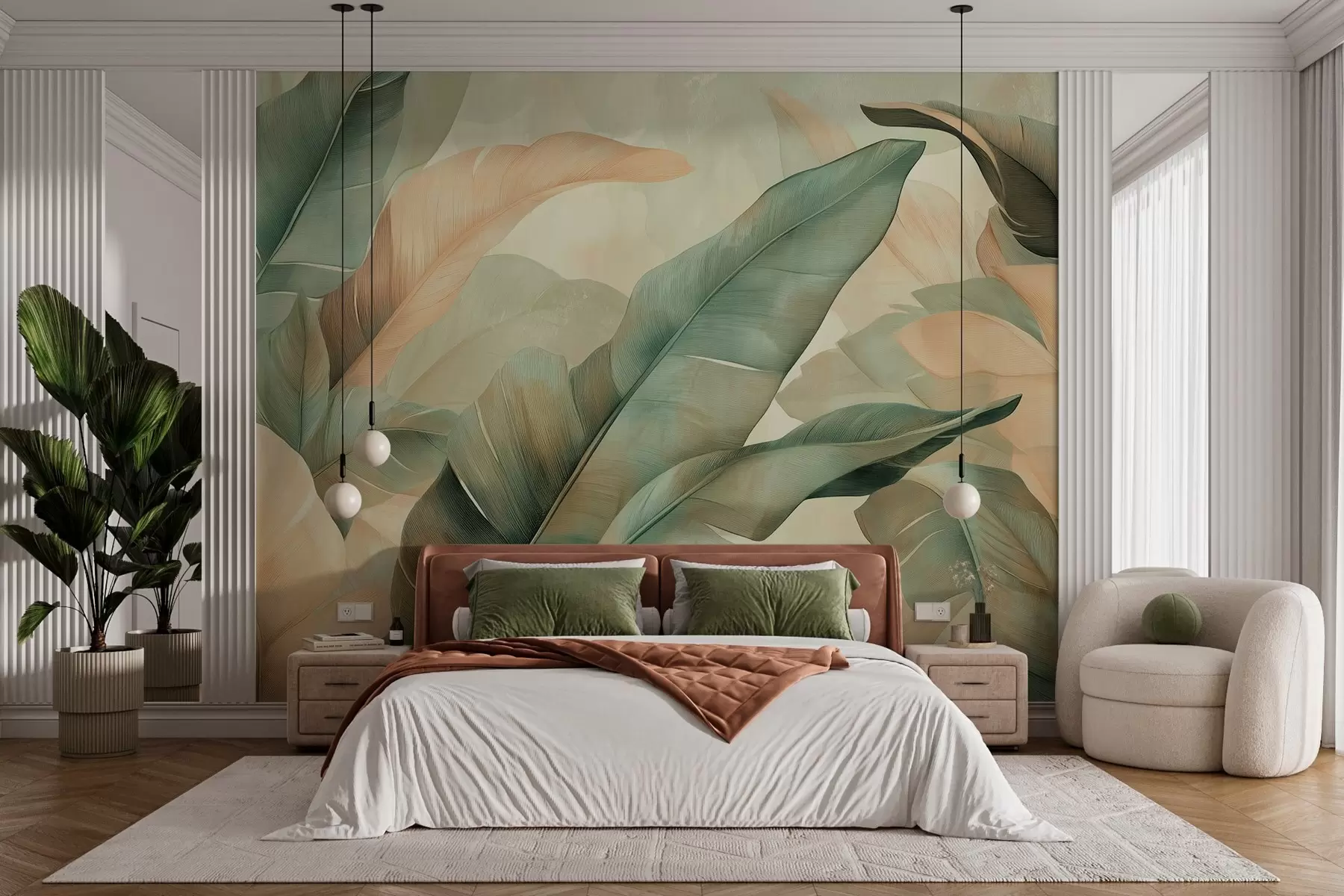 wall murals large tropical foliage in green and peach shades w03286