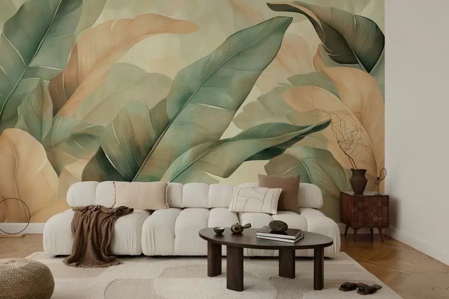 wall murals large tropical foliage in green and peach shades w03286