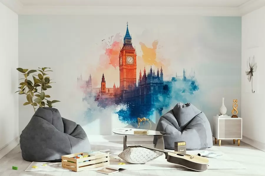 wall murals watercolor drawing of Big Ben on a light background w03287