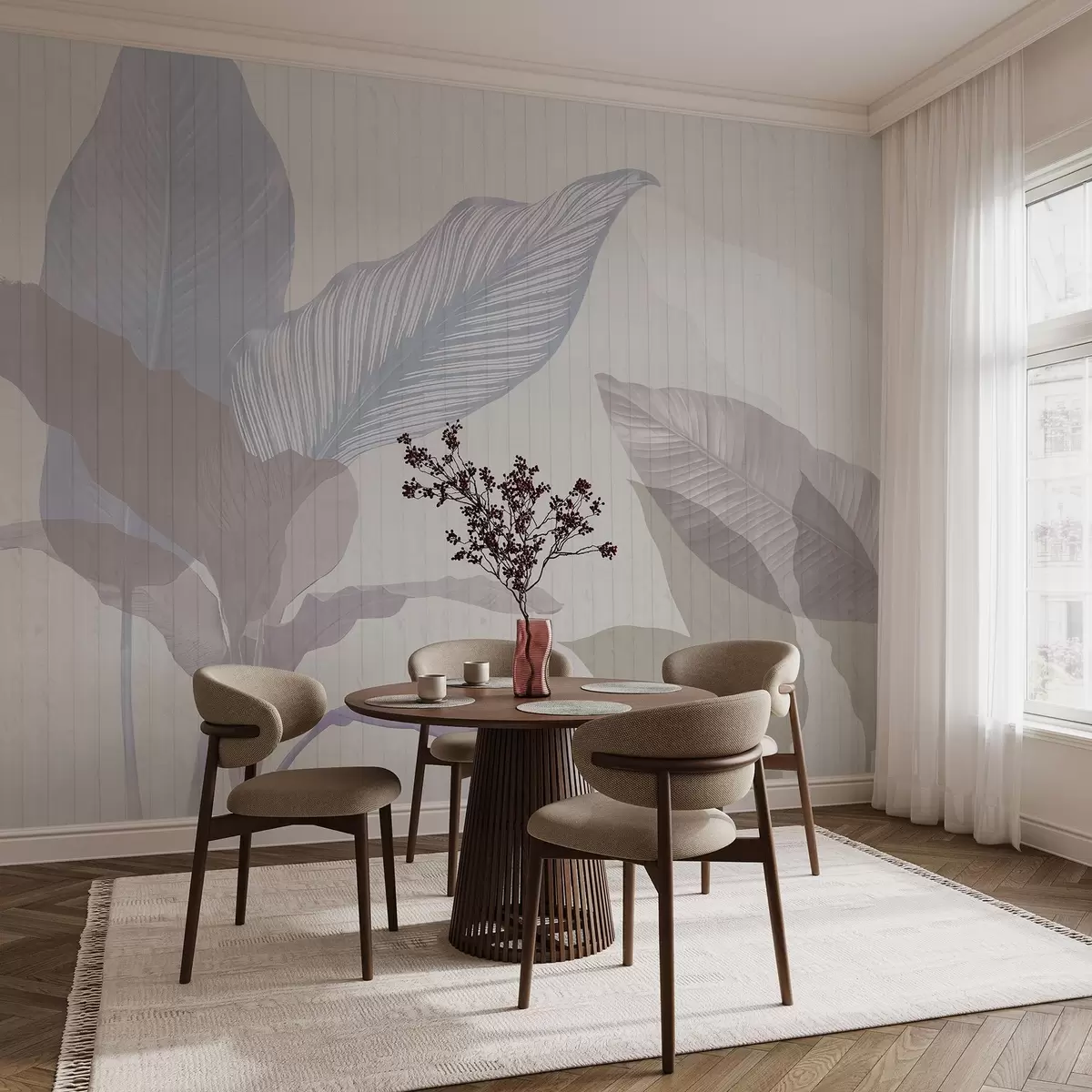 wall murals Soft botanical illustration featuring large translucent leaves in pastel shades on a textured background w03323