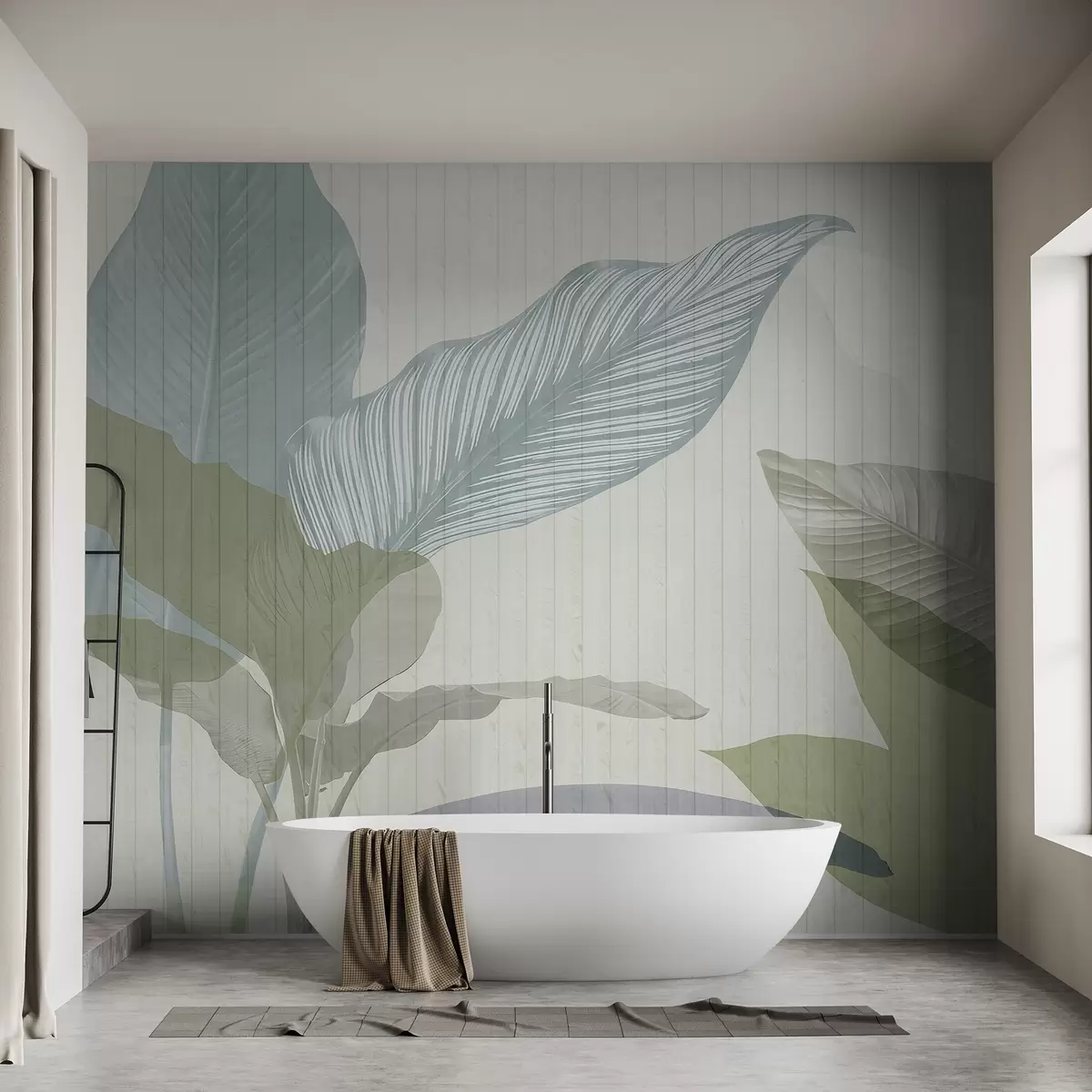wall murals Soft botanical illustration featuring large translucent leaves in pastel shades on a textured background w03323v1