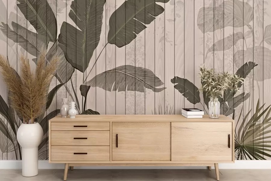 wall murals Elegant botanical illustration with banana leaves and exotic plants on a textured light background w03325v1