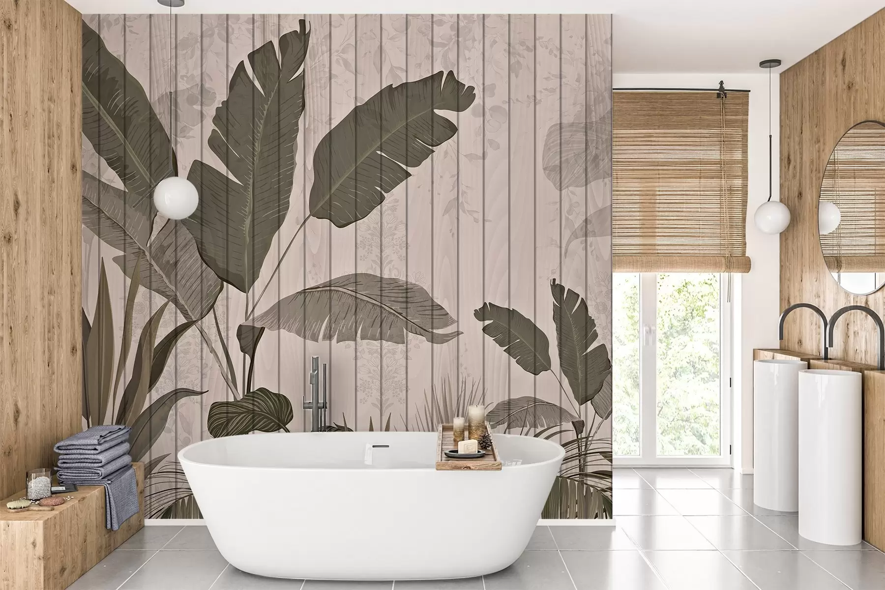 wall murals Elegant botanical illustration with banana leaves and exotic plants on a textured light background w03325v1