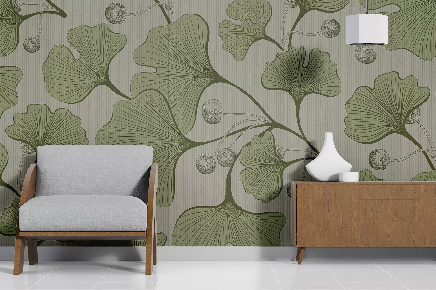 wall murals Detailed illustration of ginkgo leaves on a light textured background w03326