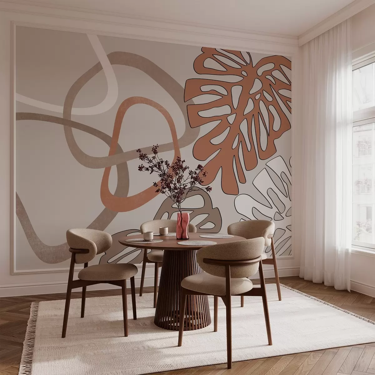 wall murals Monstera leaves and abstract figures w03277