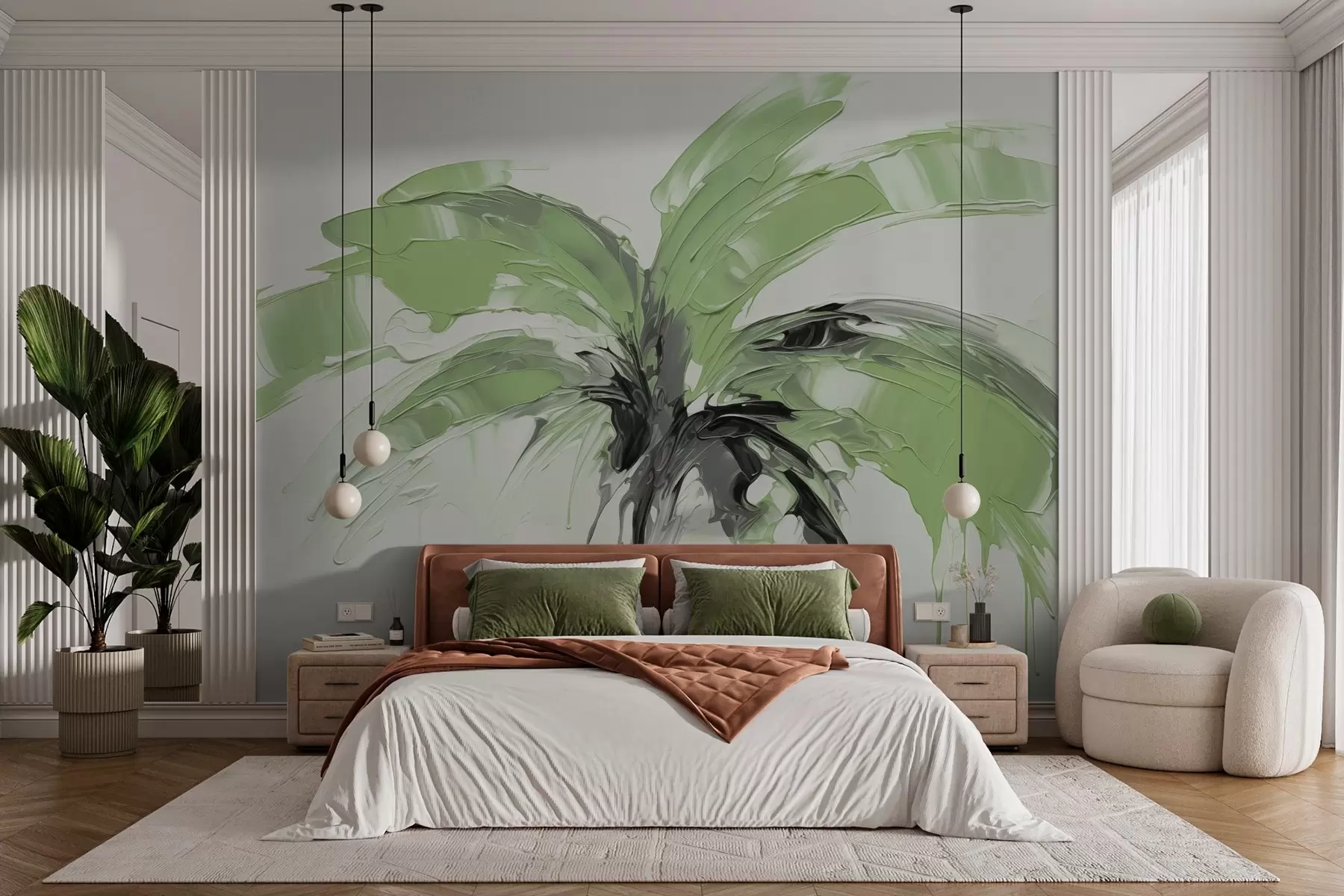 wall murals Palm imitation brushstrokes, shades of green w03363v1