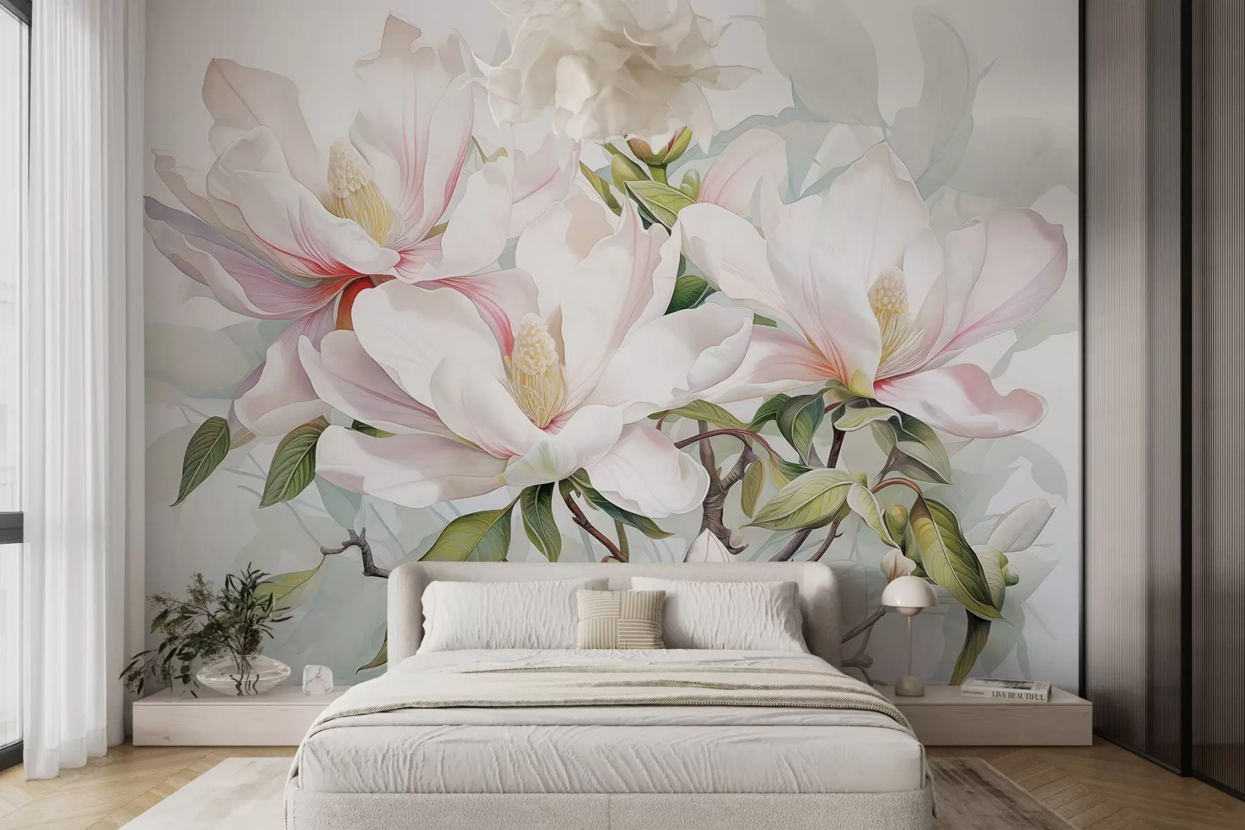 wall murals Magnolia flowers with white and pink petals, leaves and brown branches, soft and delicate watercolor style w08885