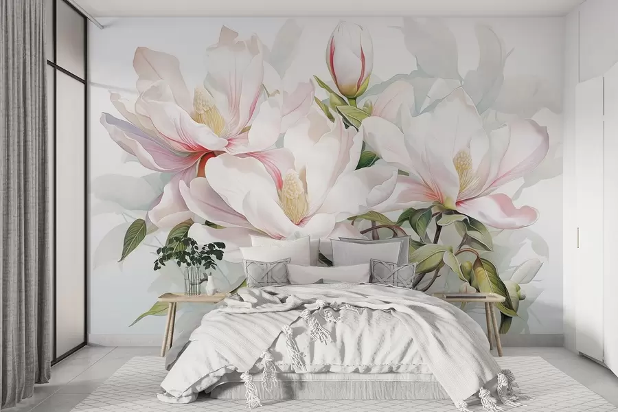 wall murals Magnolia flowers with white and pink petals, leaves and brown branches, soft and delicate watercolor style w08885
