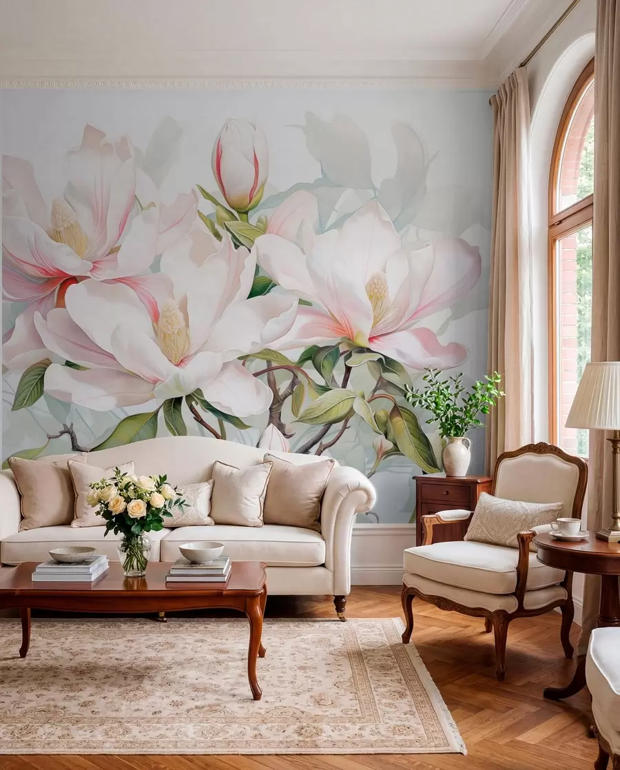 wall murals Magnolia flowers with white and pink petals, leaves and brown branches, soft and delicate watercolor style w08885
