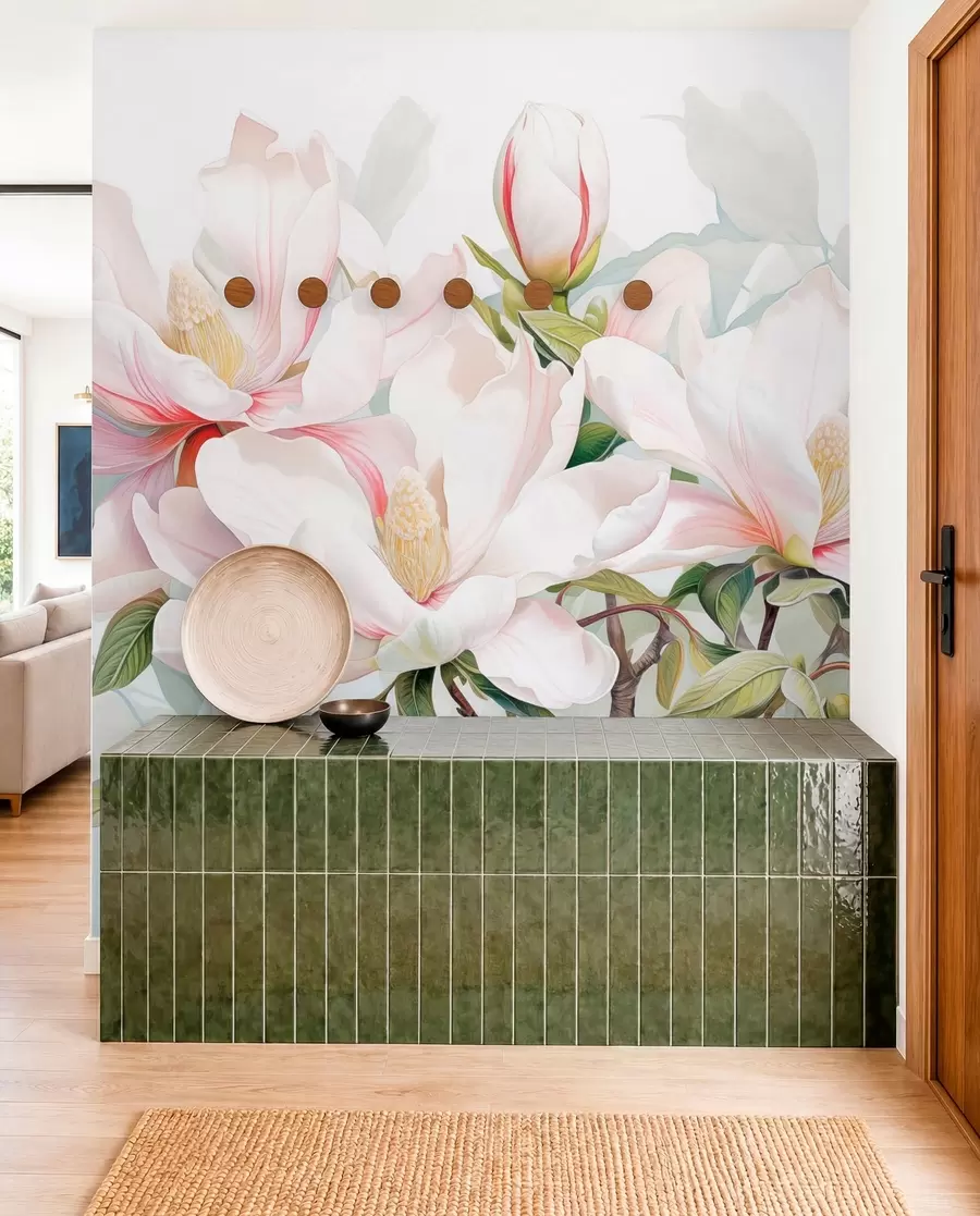 wall murals Magnolia flowers with white and pink petals, leaves and brown branches, soft and delicate watercolor style w08885