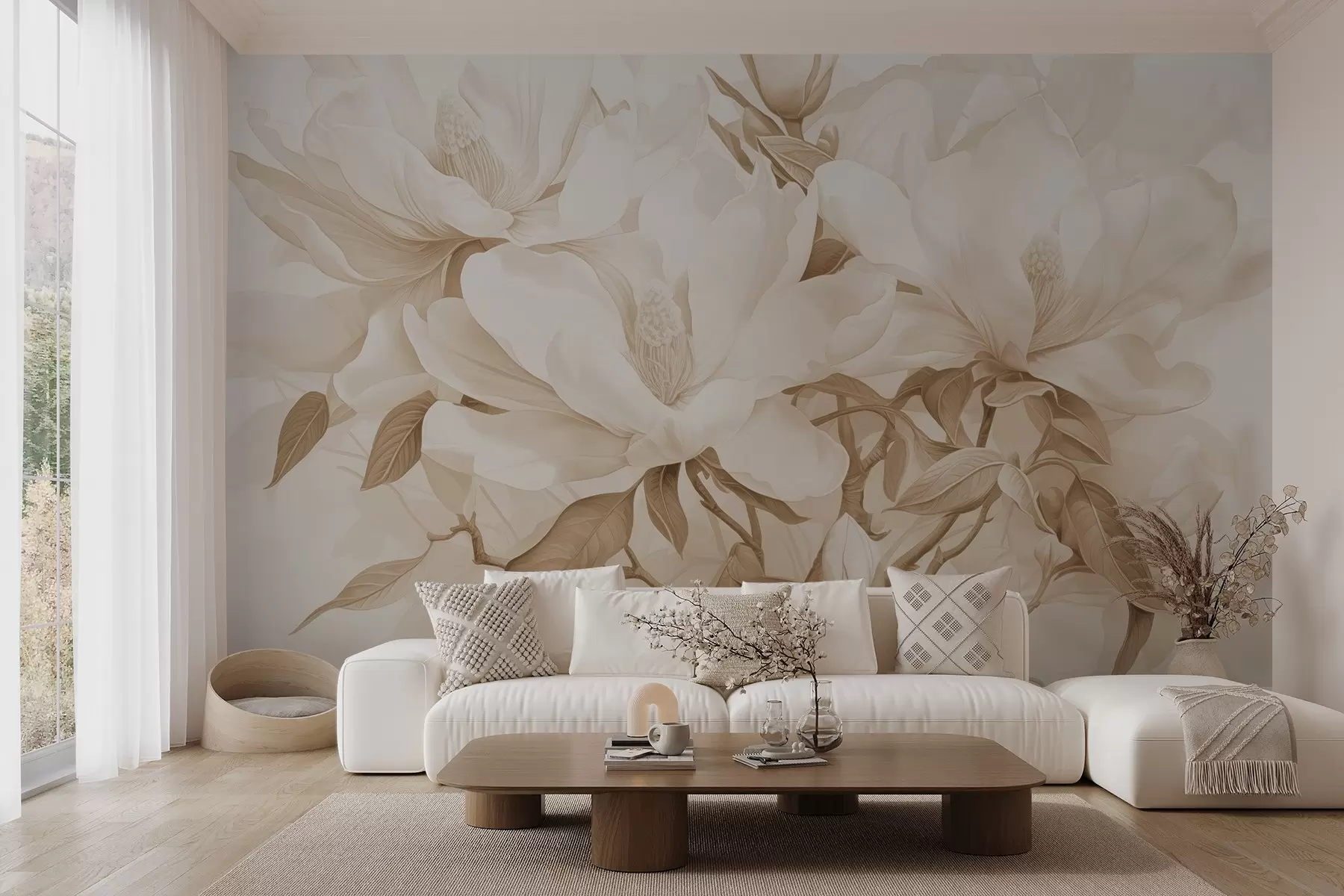 wall murals Magnolia flowers with white and beige petals, leaves and brown branches, soft and delicate watercolor style w08886