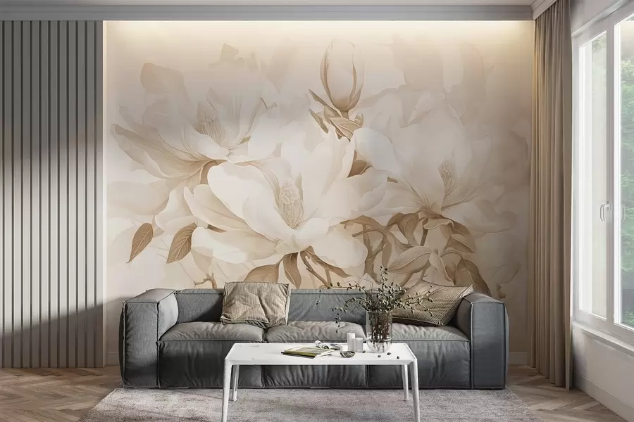 wall murals Magnolia flowers with white and beige petals, leaves and brown branches, soft and delicate watercolor style w08886
