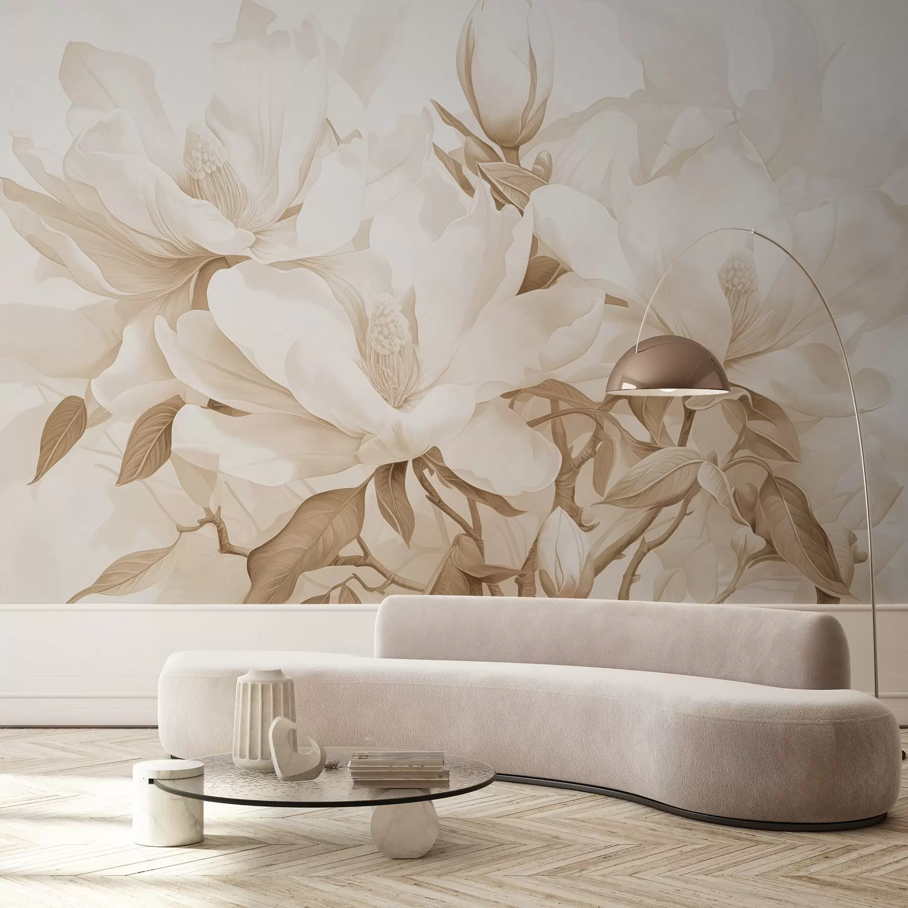 wall murals Magnolia flowers with white and beige petals, leaves and brown branches, soft and delicate watercolor style w08886
