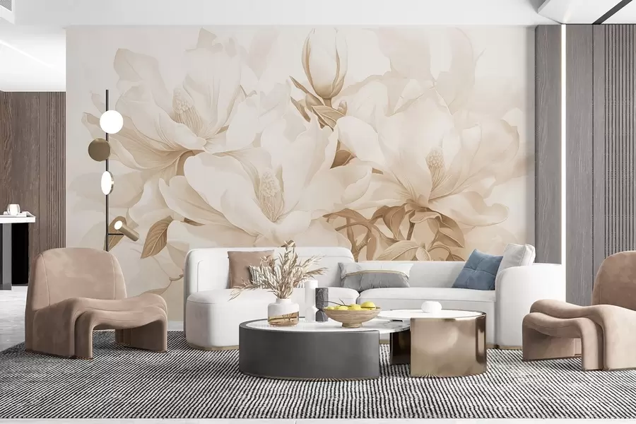 wall murals Magnolia flowers with white and beige petals, leaves and brown branches, soft and delicate watercolor style w08886