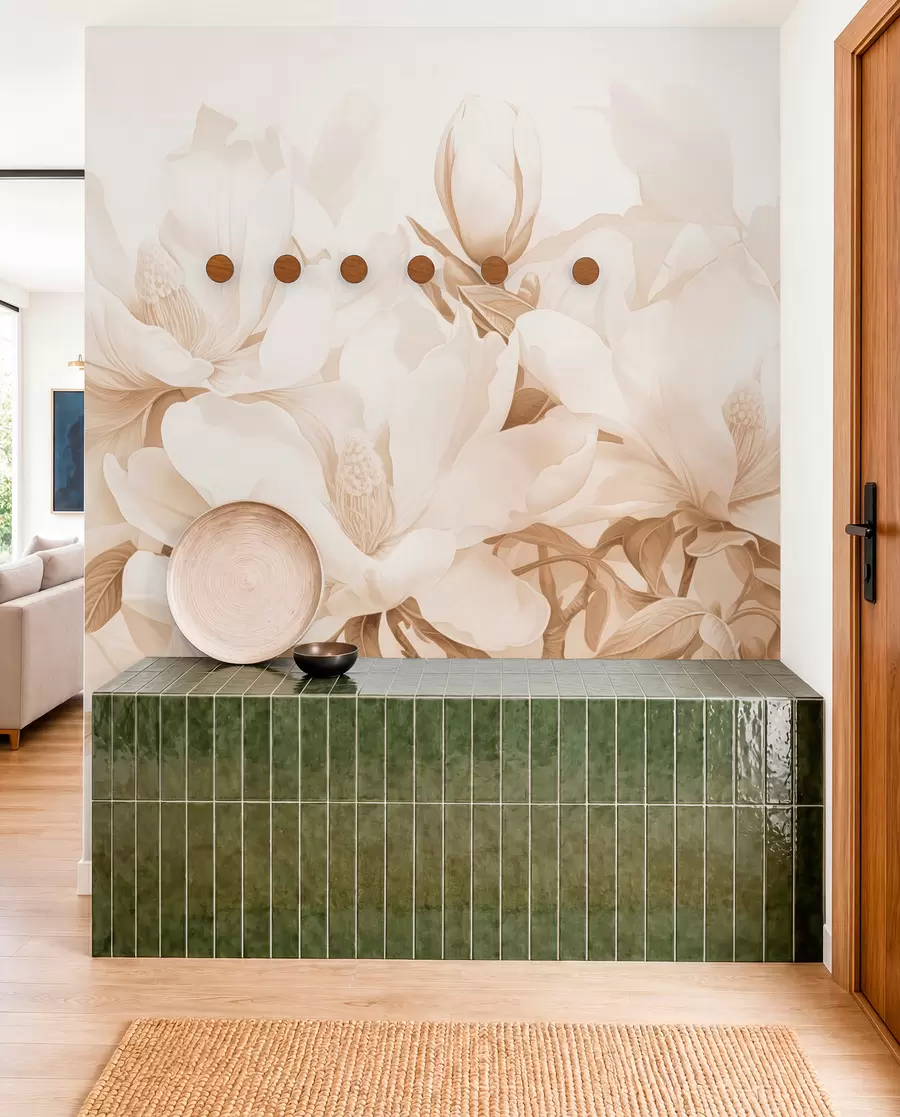wall murals Magnolia flowers with white and beige petals, leaves and brown branches, soft and delicate watercolor style w08886