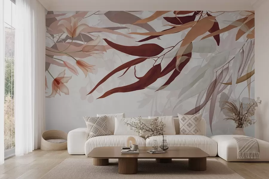 wall murals Eucalyptus leaves in shades of bordo, beige and white with delicate flowers and branches on a white background w08887