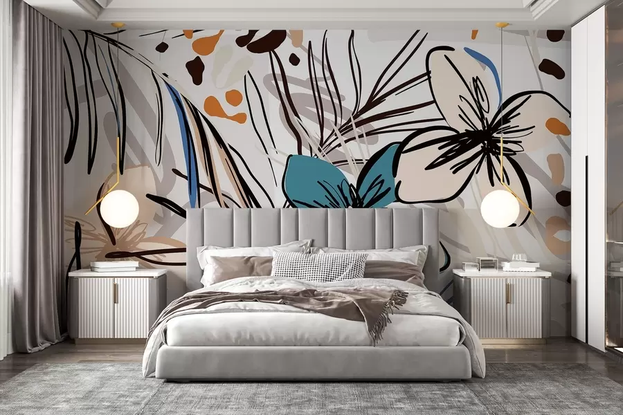 wall murals Modern abstract print with tropical palm leaves, blue and beige flowers, black lines, light background w08889