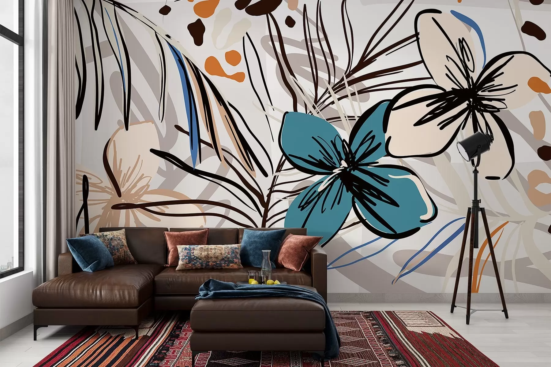 wall murals Modern abstract print with tropical palm leaves, blue and beige flowers, black lines, light background w08889
