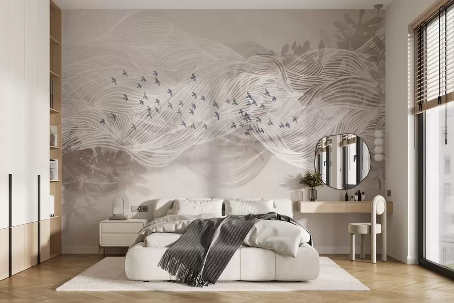 wall murals Flock of birds flying over abstract line art landscape textured beige waves, soft colors , minimalist design  w08898
