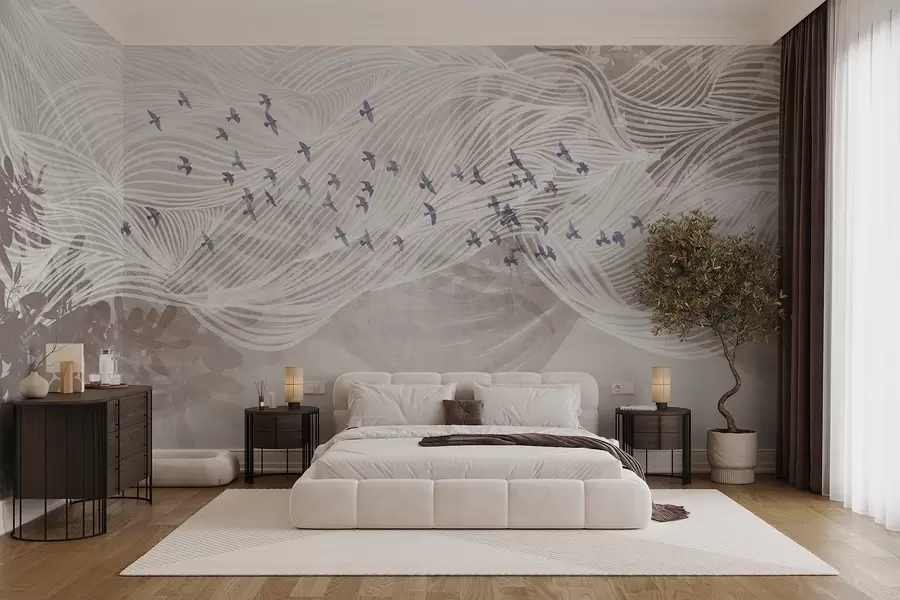 wall murals Flock of birds flying over abstract line art landscape textured beige waves, soft colors , minimalist design  w08898