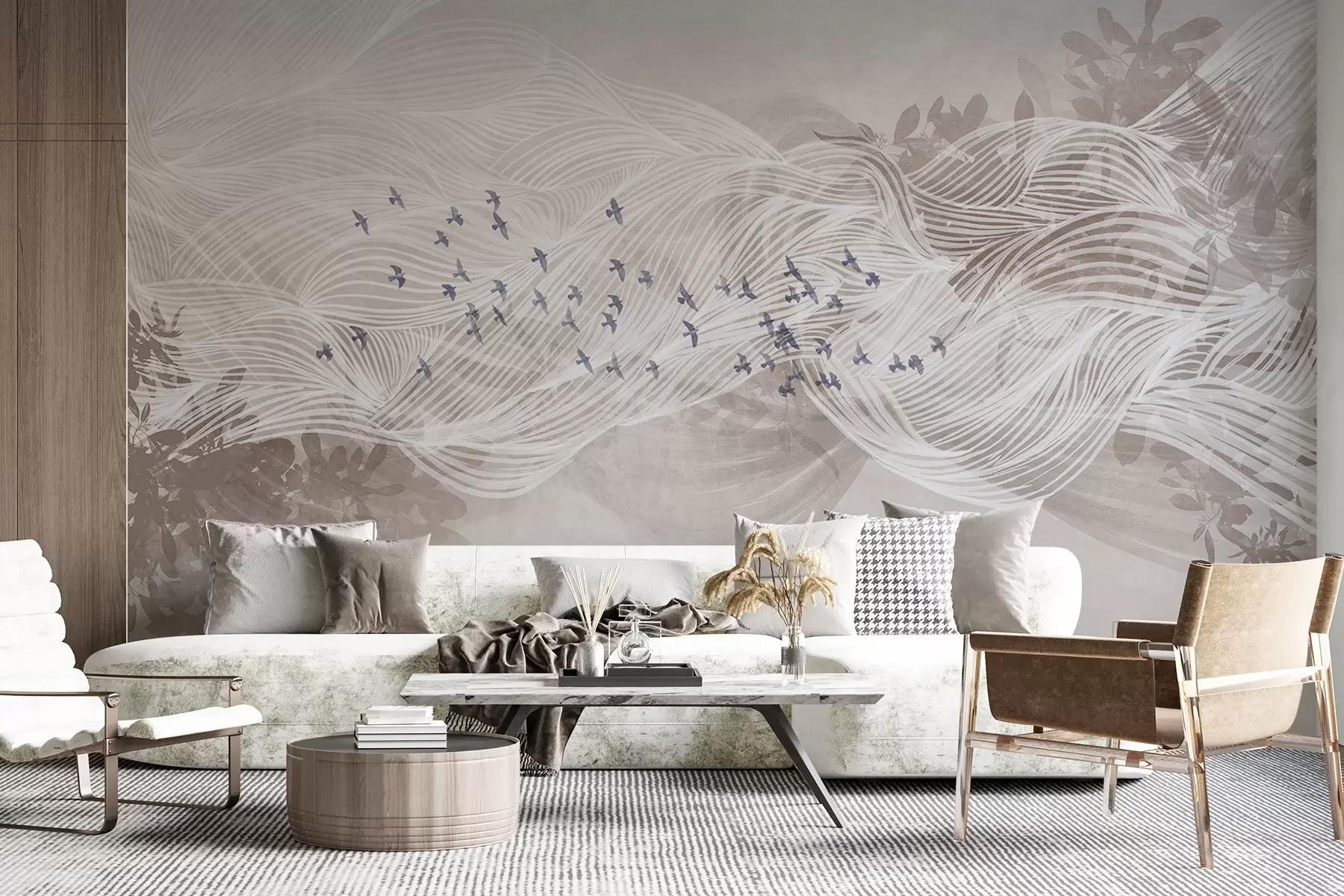 wall murals Flock of birds flying over abstract line art landscape textured beige waves, soft colors , minimalist design  w08898