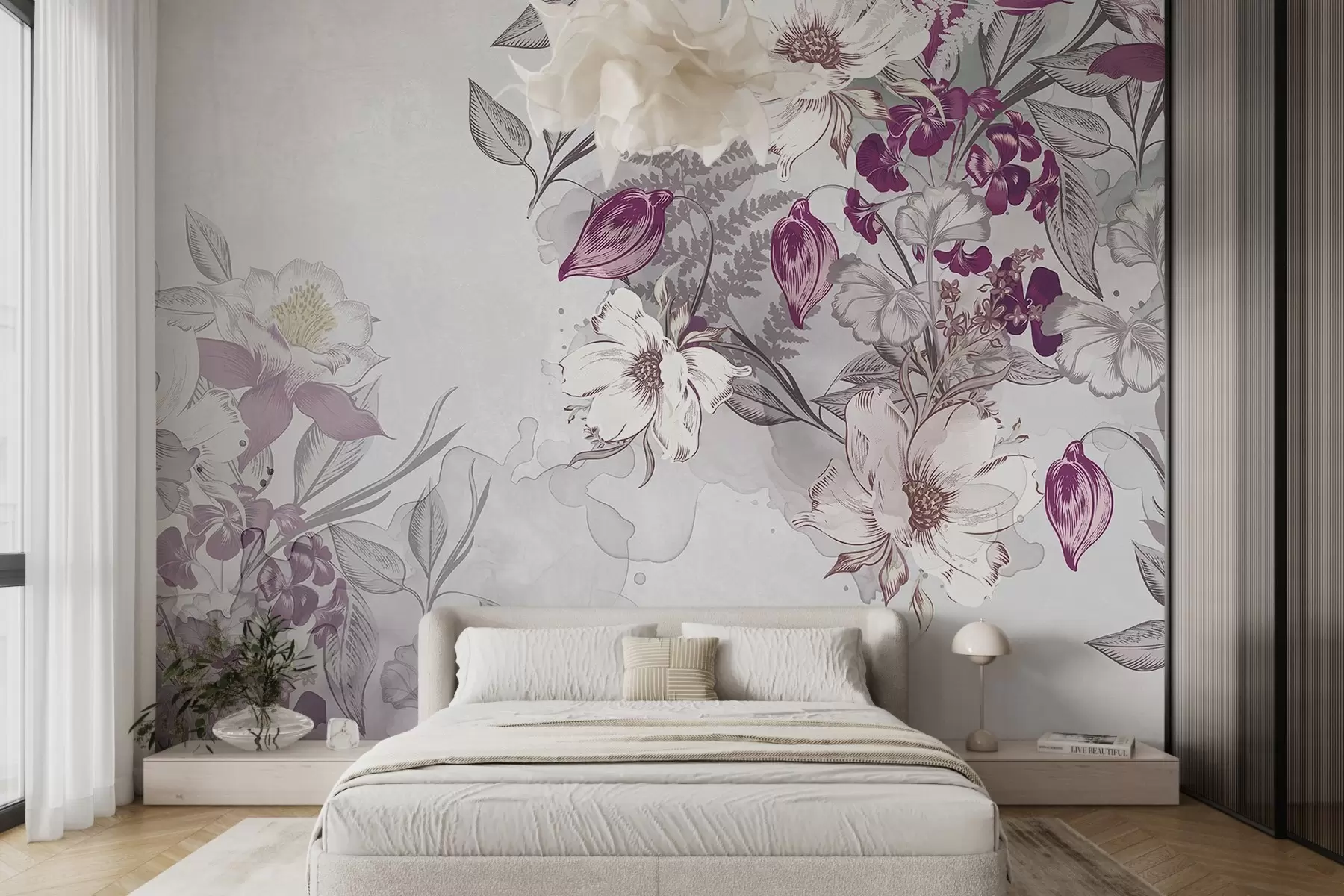 wall murals Flowers with white and purple petals, leaves and stems , watercolor effect , light gray textured background  w08899