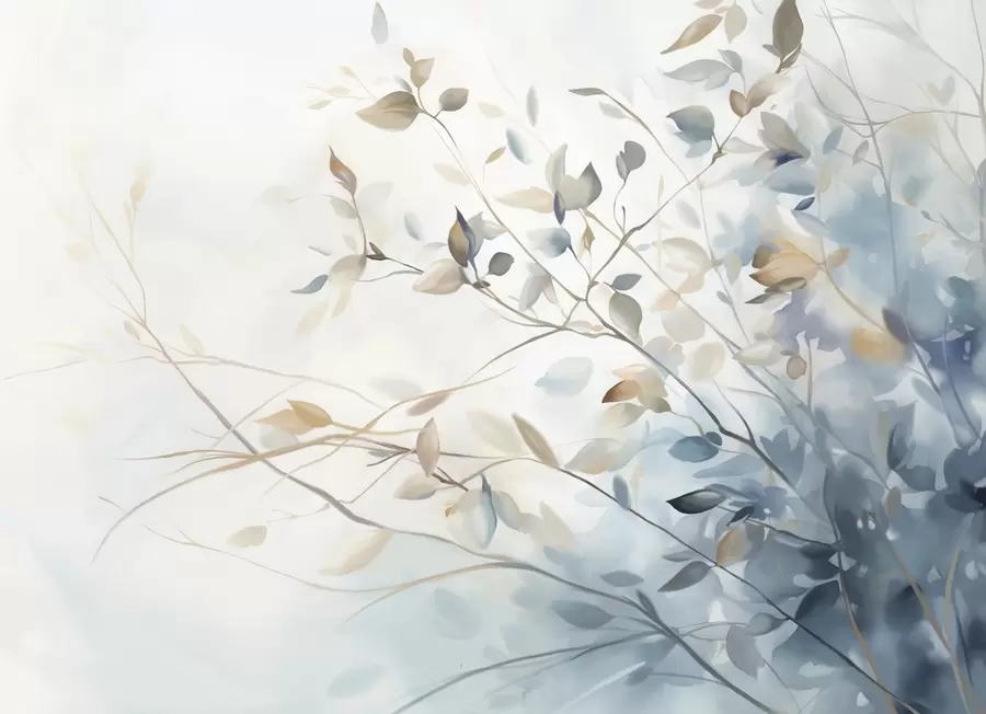 wall murals Branches with leaves in blue and brown tones, light background, soft and delicate, watercolor style  w08900