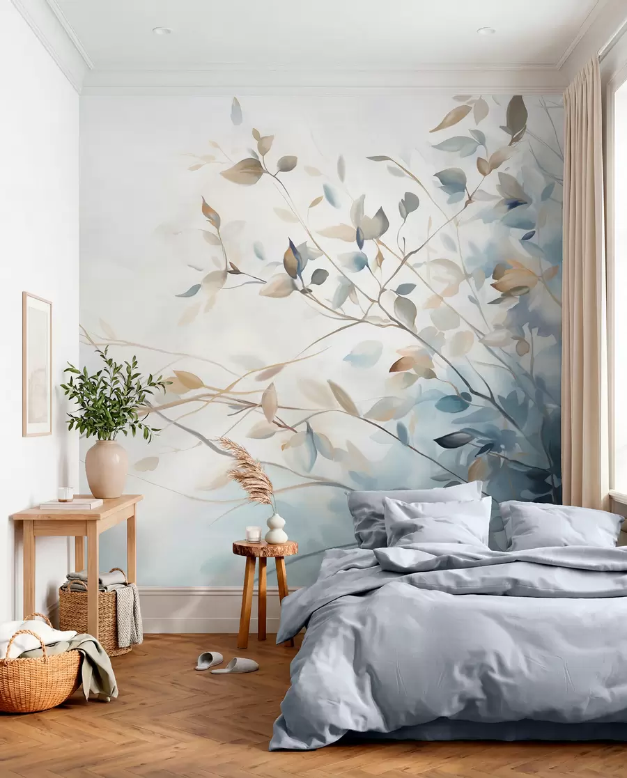 wall murals Branches with leaves in blue and brown tones, light background, soft and delicate, watercolor style  w08900