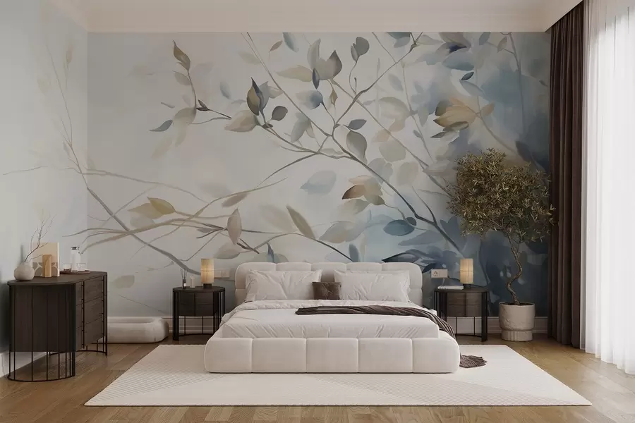 wall murals Branches with leaves in blue and brown tones, light background, soft and delicate, watercolor style  w08900