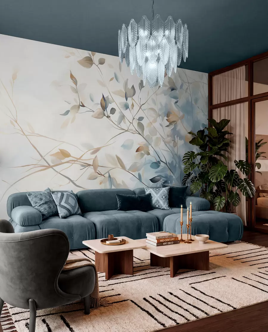 wall murals Branches with leaves in blue and brown tones, light background, soft and delicate, watercolor style  w08900