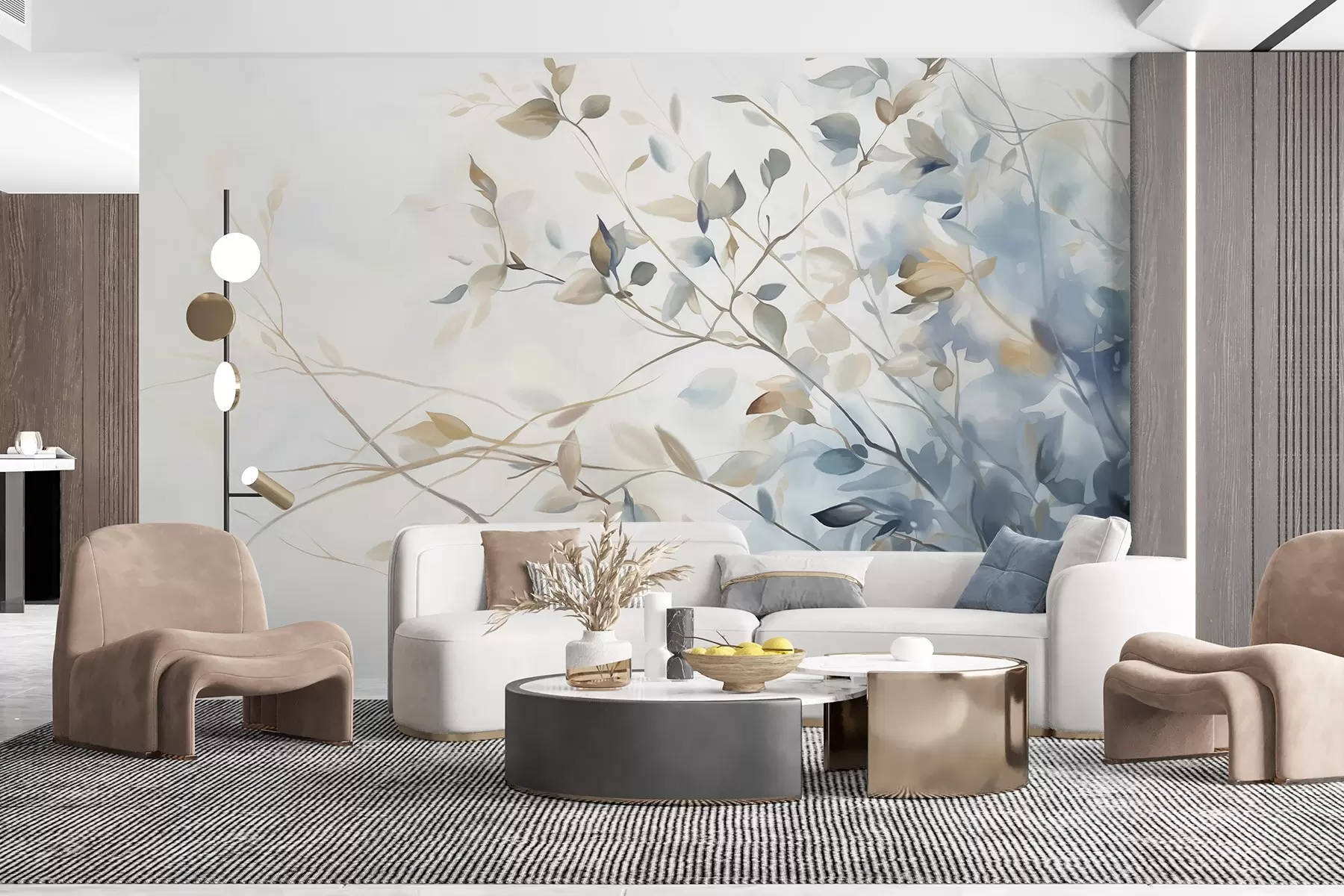wall murals Branches with leaves in blue and brown tones, light background, soft and delicate, watercolor style  w08900