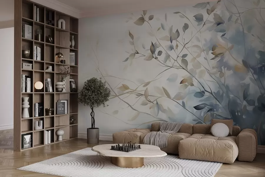 wall murals Branches with leaves in blue and brown tones, light background, soft and delicate, watercolor style  w08900