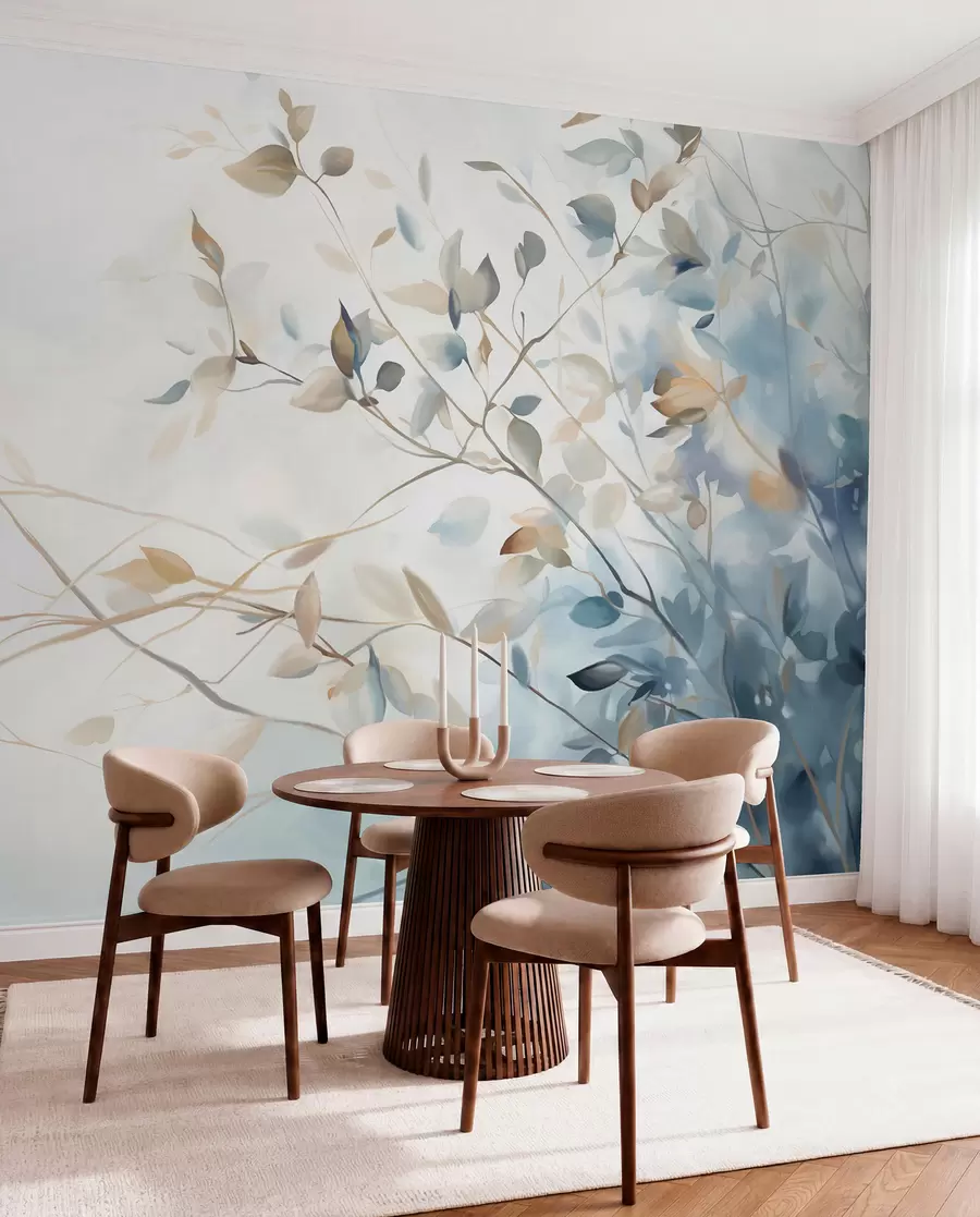 wall murals Branches with leaves in blue and brown tones, light background, soft and delicate, watercolor style  w08900