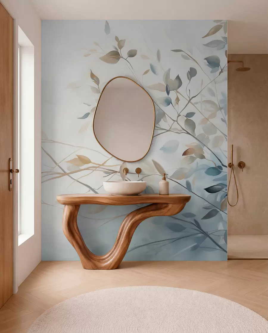 wall murals Branches with leaves in blue and brown tones, light background, soft and delicate, watercolor style  w08900
