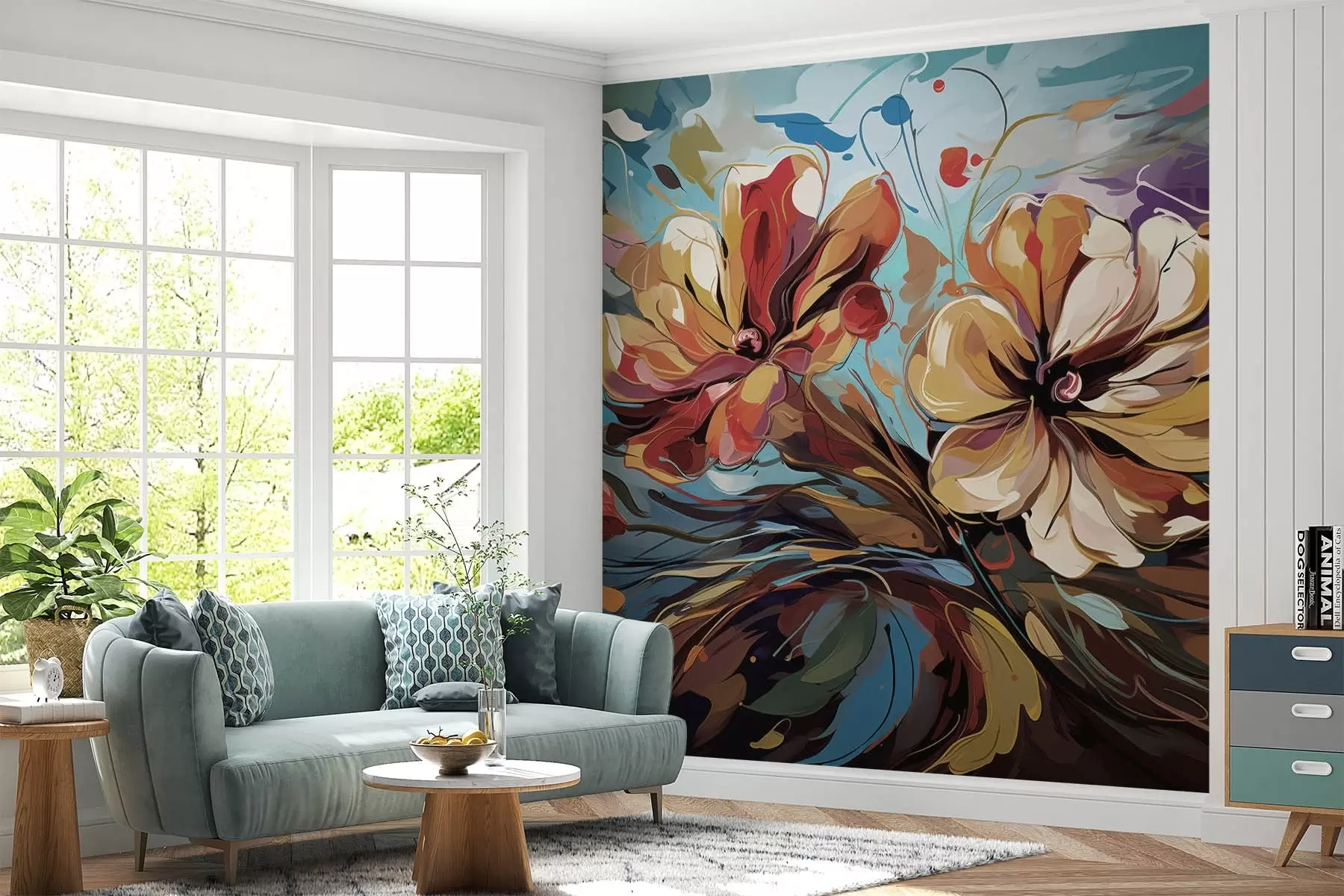 wall murals Large abstract flowers yellow and orange w08863