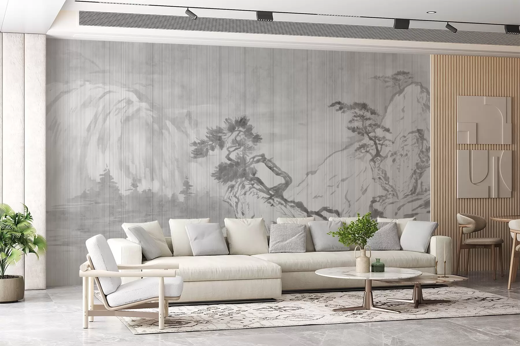 wall murals Traditional Chinese monochrome landscape illustration featuring mountains, trees, and mist,grey background w03379v1
