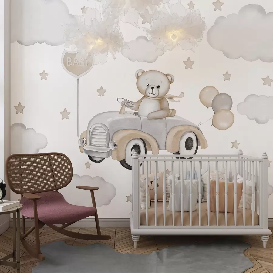 wall murals Adorable illustration of a teddy bear driving a vintage car among clouds and stars w03382
