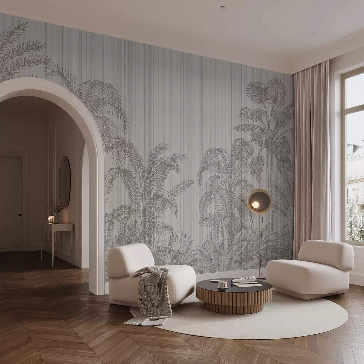 wall murals Vintage illustration of tropical plants and palm trees on a textured background w03383