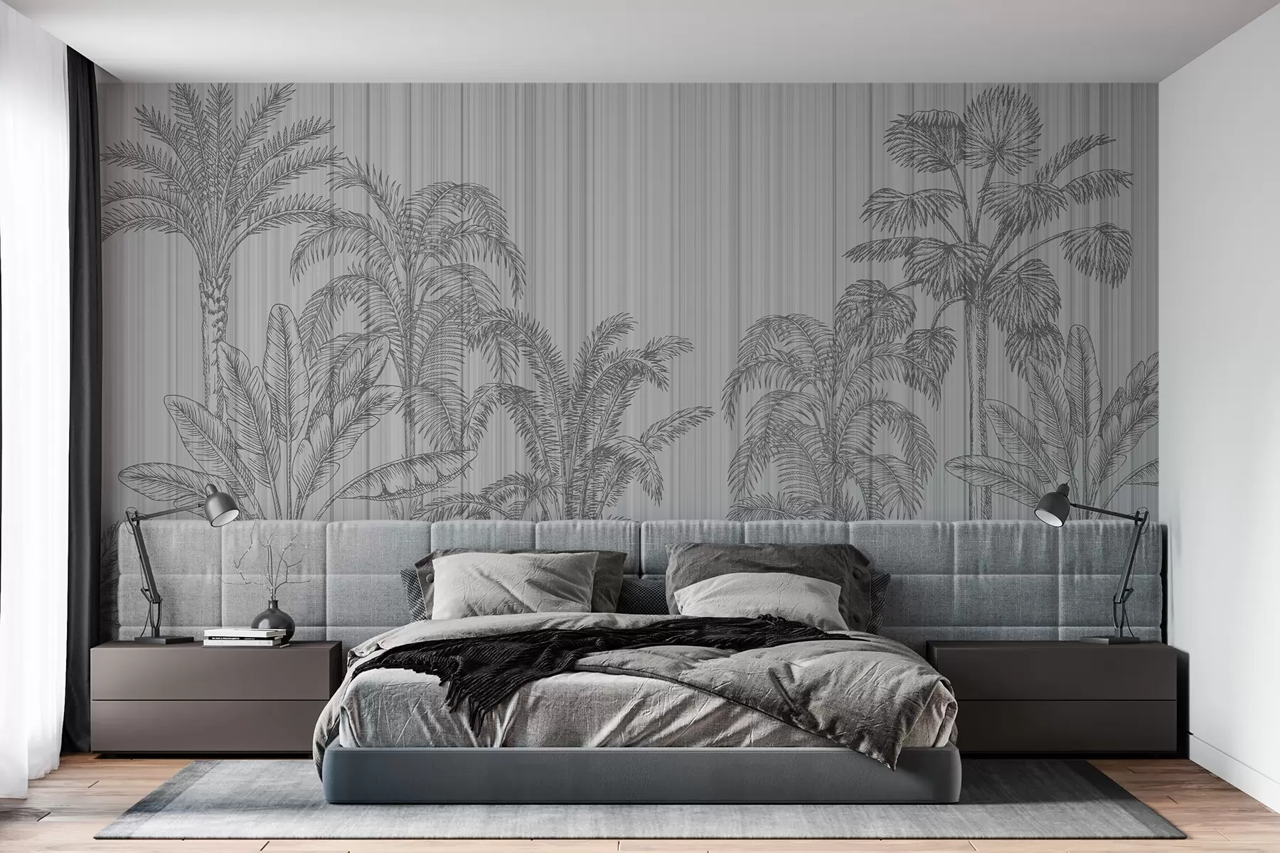 wall murals Vintage illustration of tropical plants and palm trees on a textured background,grey background w03383v1
