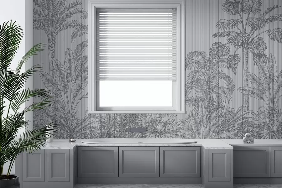 wall murals Vintage illustration of tropical plants and palm trees on a textured background,grey background w03383v1