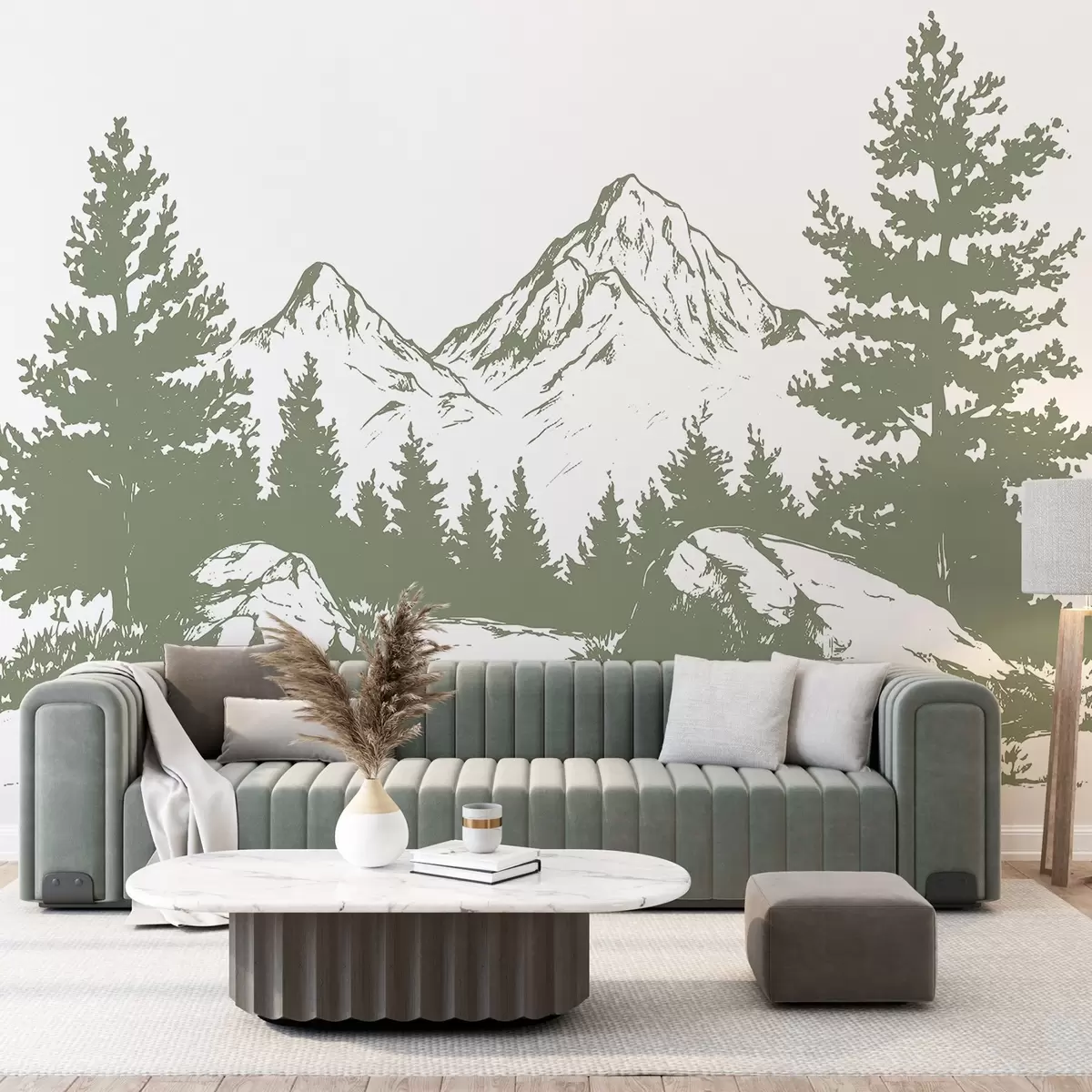 wall murals The Alps, mountains with forest, line drawing, green color w03342v1