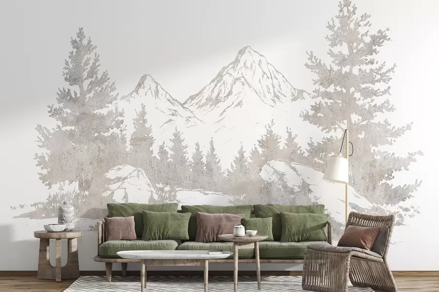 wall murals The Alps, mountains with forest, line drawing,  natural colors w03343