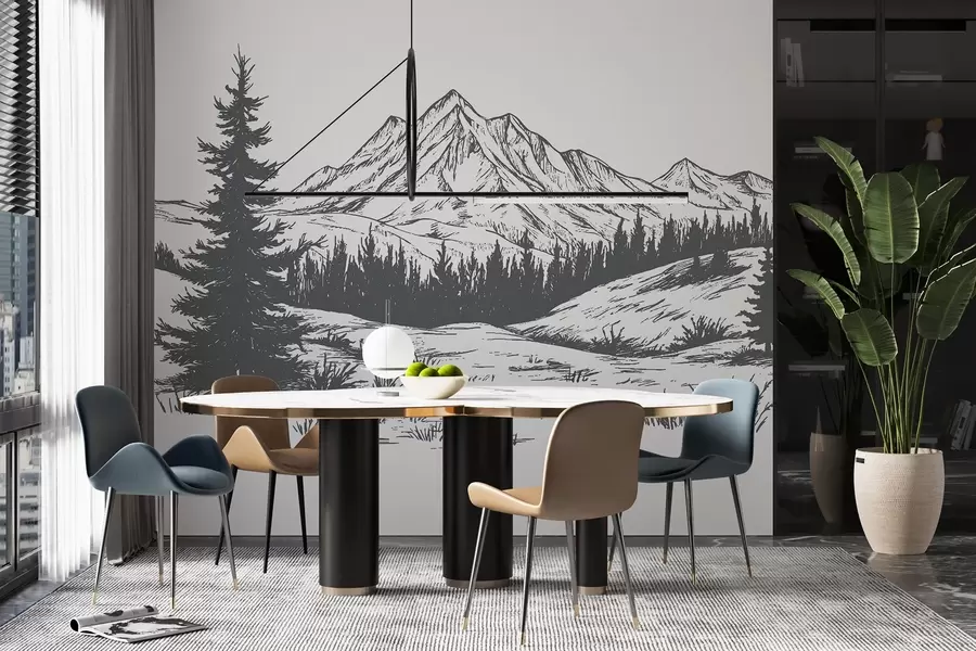 wall murals Mountains landscape with pine trees, forest, nature, dark grey color w03344