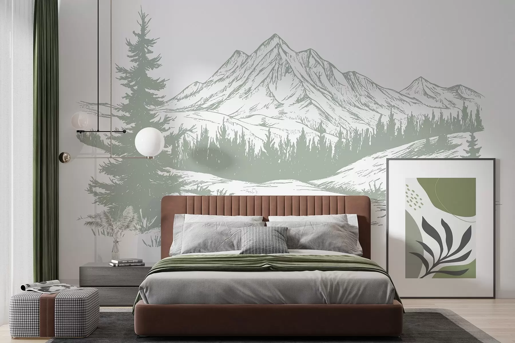 wall murals Mountains landscape with pine trees, forest, nature, soft green color w03344v1
