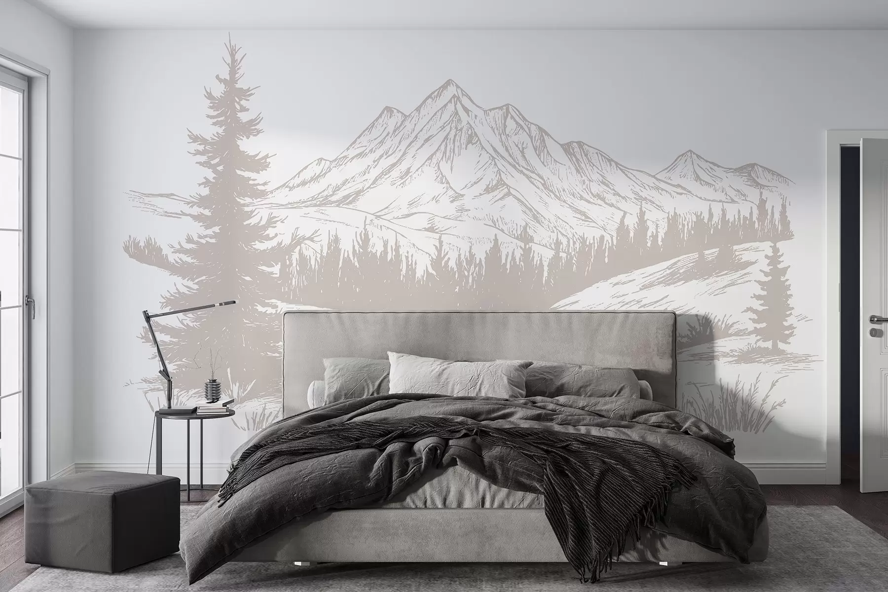 wall murals Mountains landscape with pine trees, forest, nature, soft beige color w03344v3