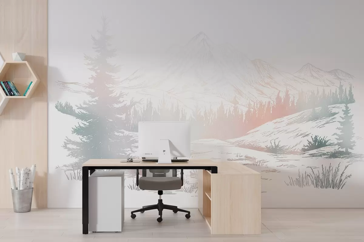 wall murals Mountains landscape with pine trees, forest, nature, colourful  w03344v4