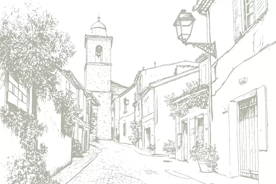wall murals City street, beautiful architecture, buildings, Mediterranean, line drawing, olive color w03345