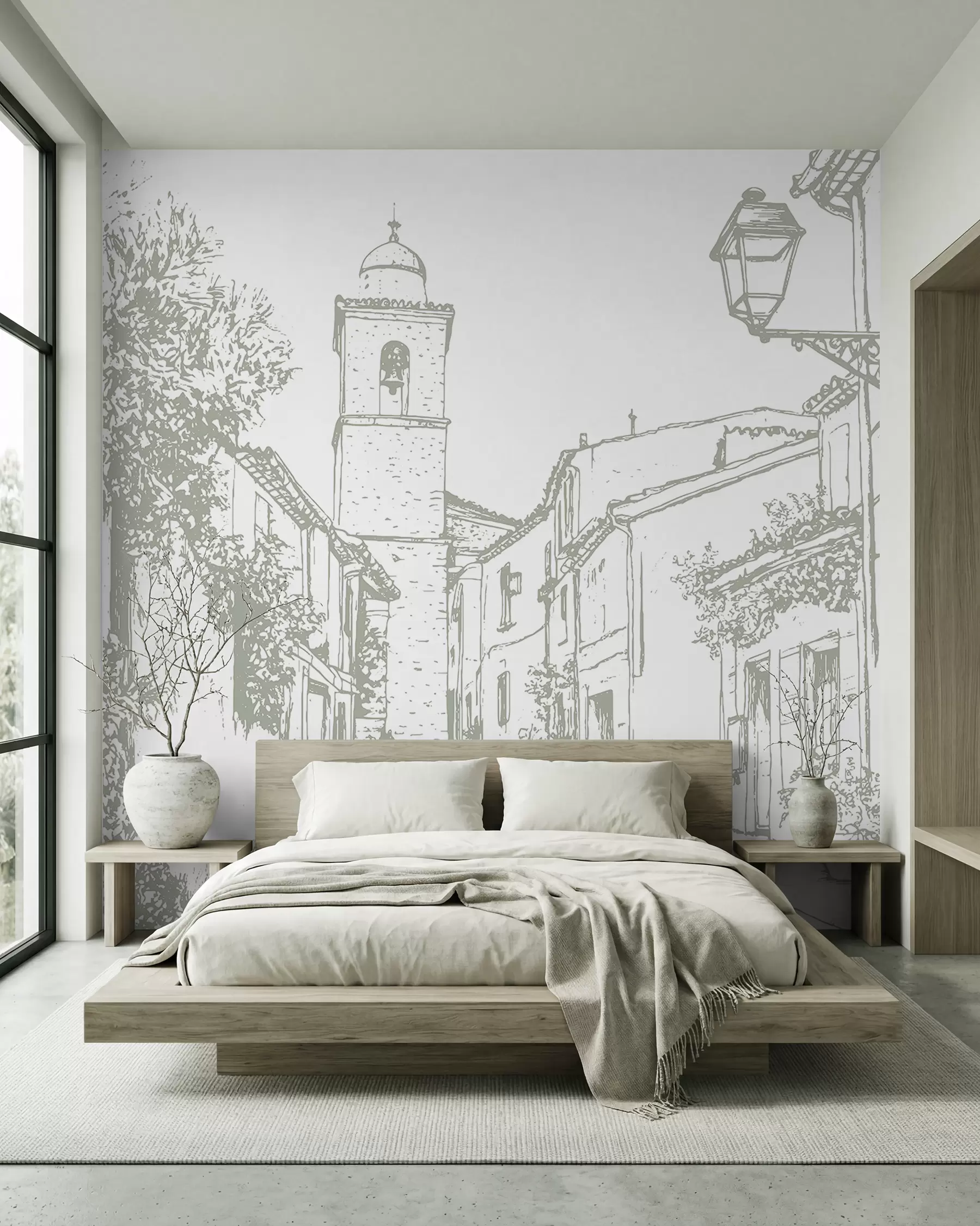 wall murals City street, beautiful architecture, buildings, Mediterranean, line drawing, olive color w03345
