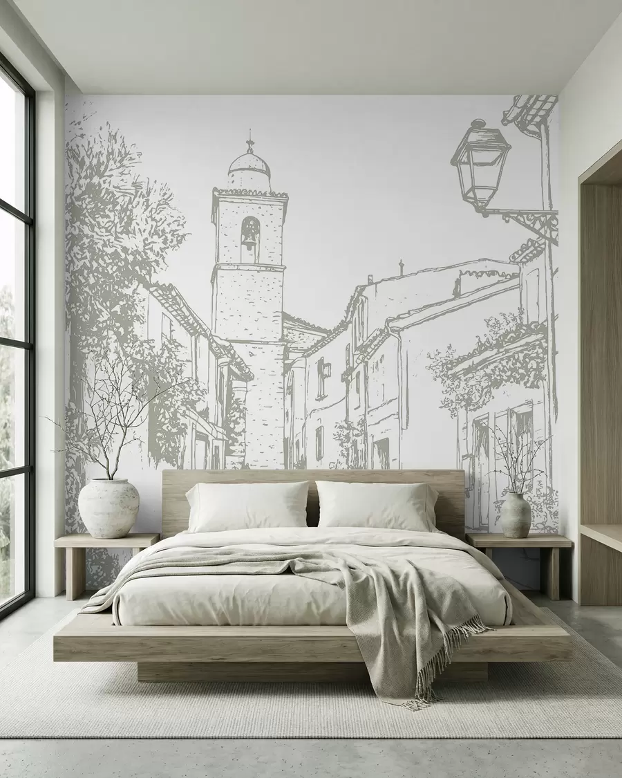 wall murals City street, beautiful architecture, buildings, Mediterranean, line drawing, olive color w03345