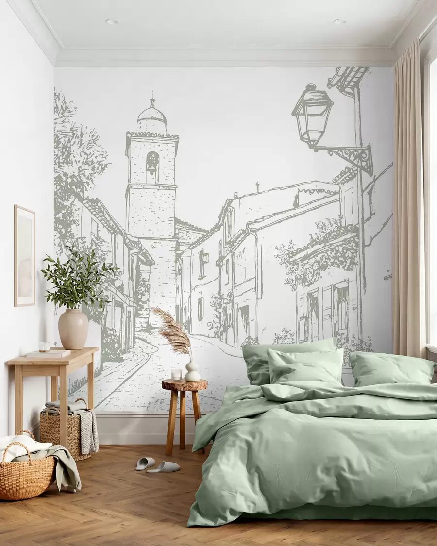 wall murals City street, beautiful architecture, buildings, Mediterranean, line drawing, olive color w03345